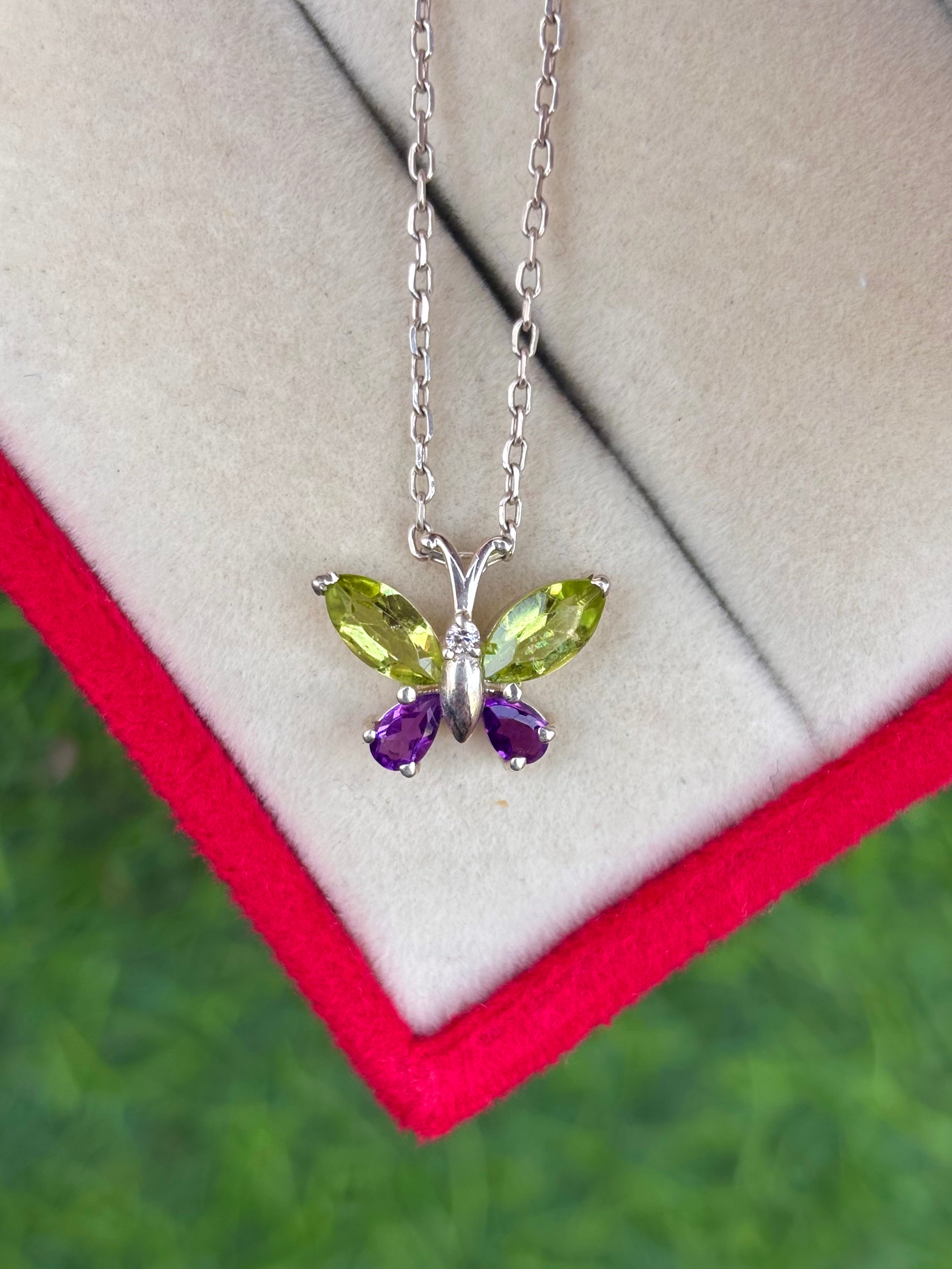 Peridot And Amethyst Butterfly Necklace in 92.5 Sterling Silver
