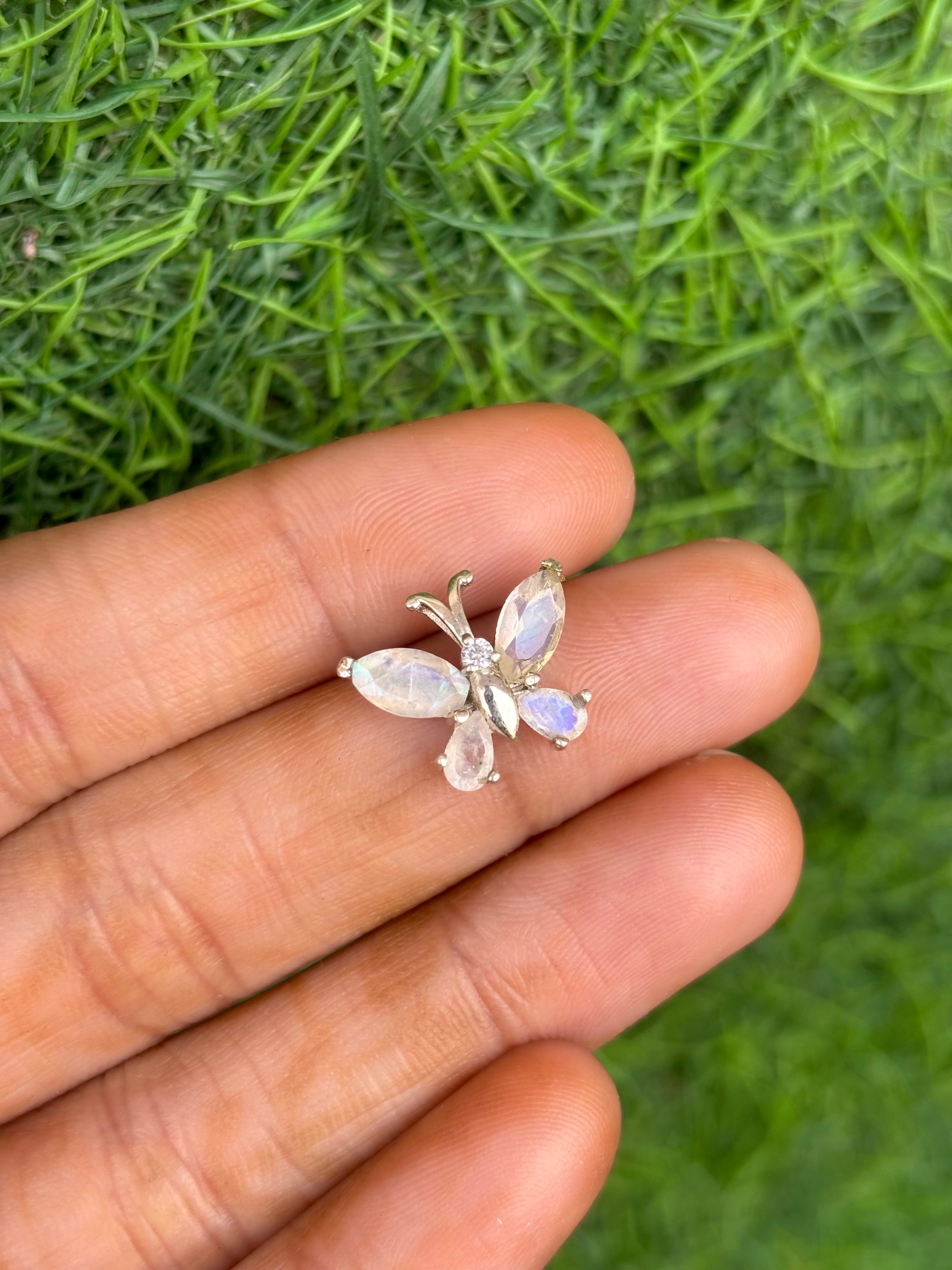 Rainbow Moonstone Butterfly Necklace in 92.5 Sterling Silver