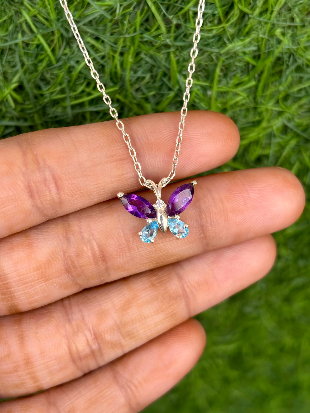Blue Topaz And Amethyst Butterfly Necklace in 92.5 Sterling Silver