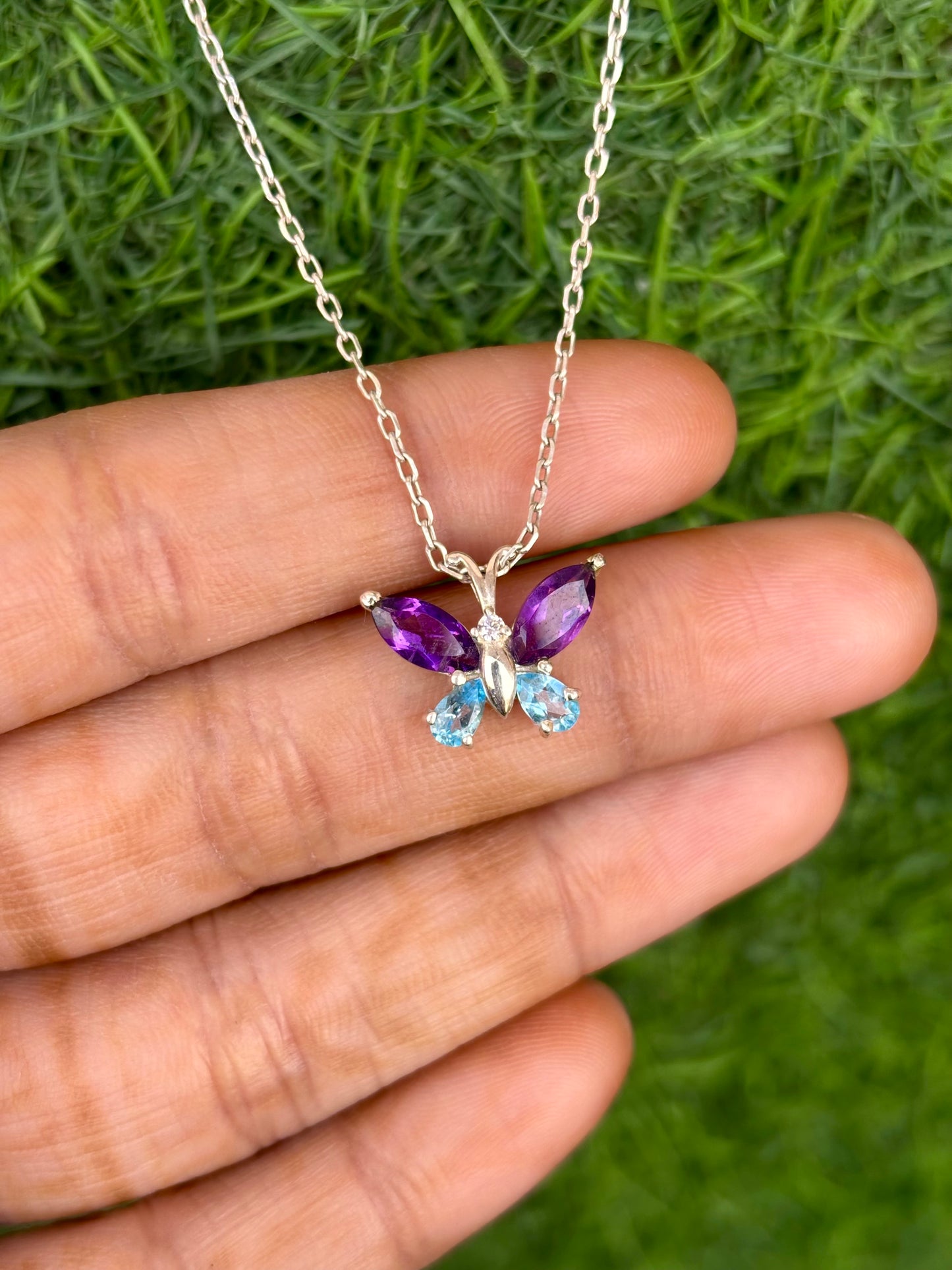 Blue Topaz And Amethyst Butterfly Necklace in 92.5 Sterling Silver