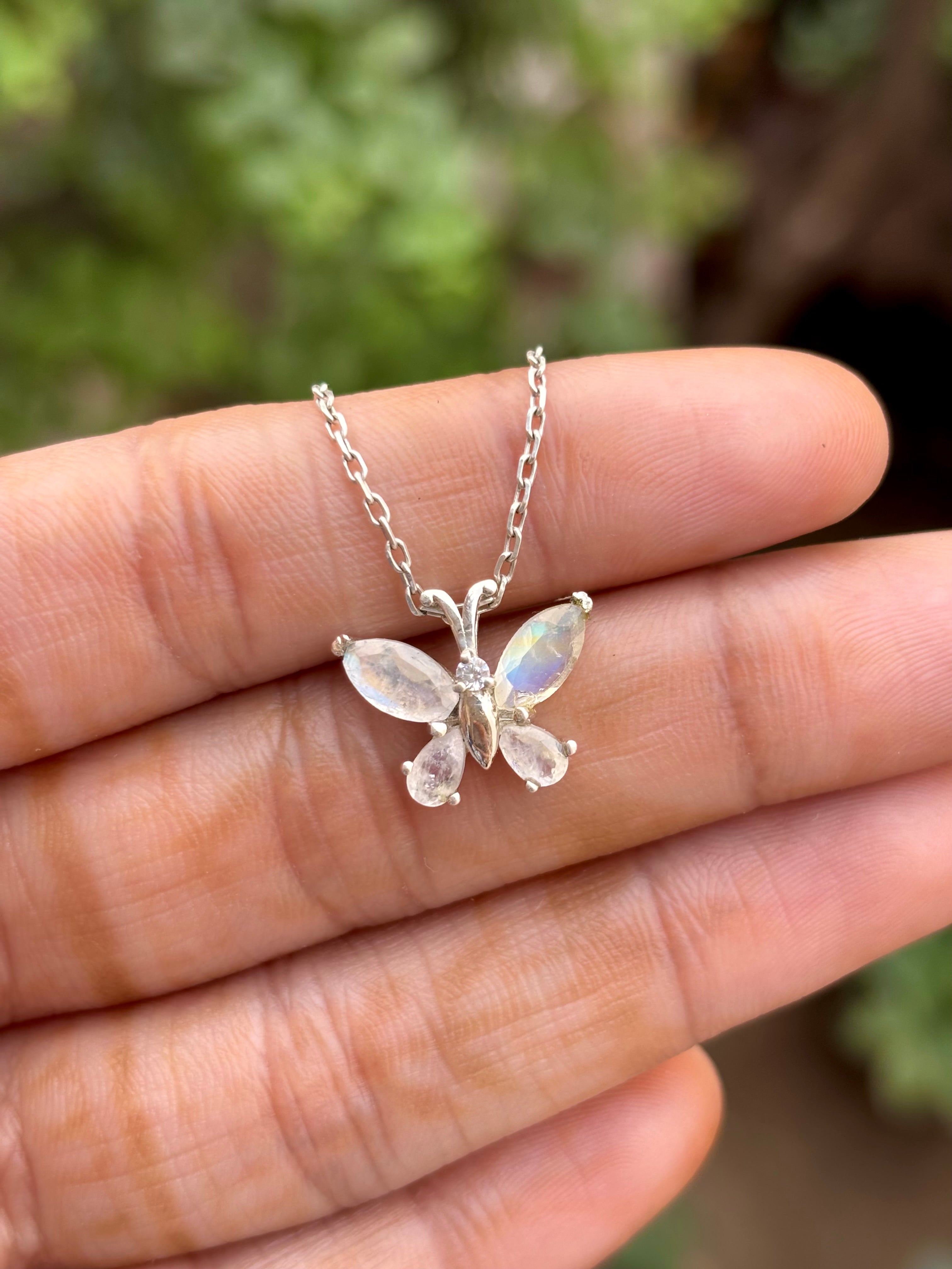 Rainbow Moonstone Butterfly Necklace in 92.5 Sterling Silver