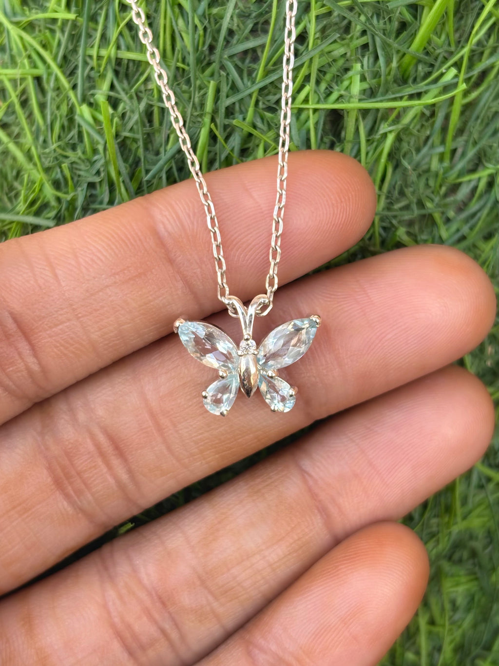 Aquamarine Butterfly Necklace in 92.5 Sterling Silver