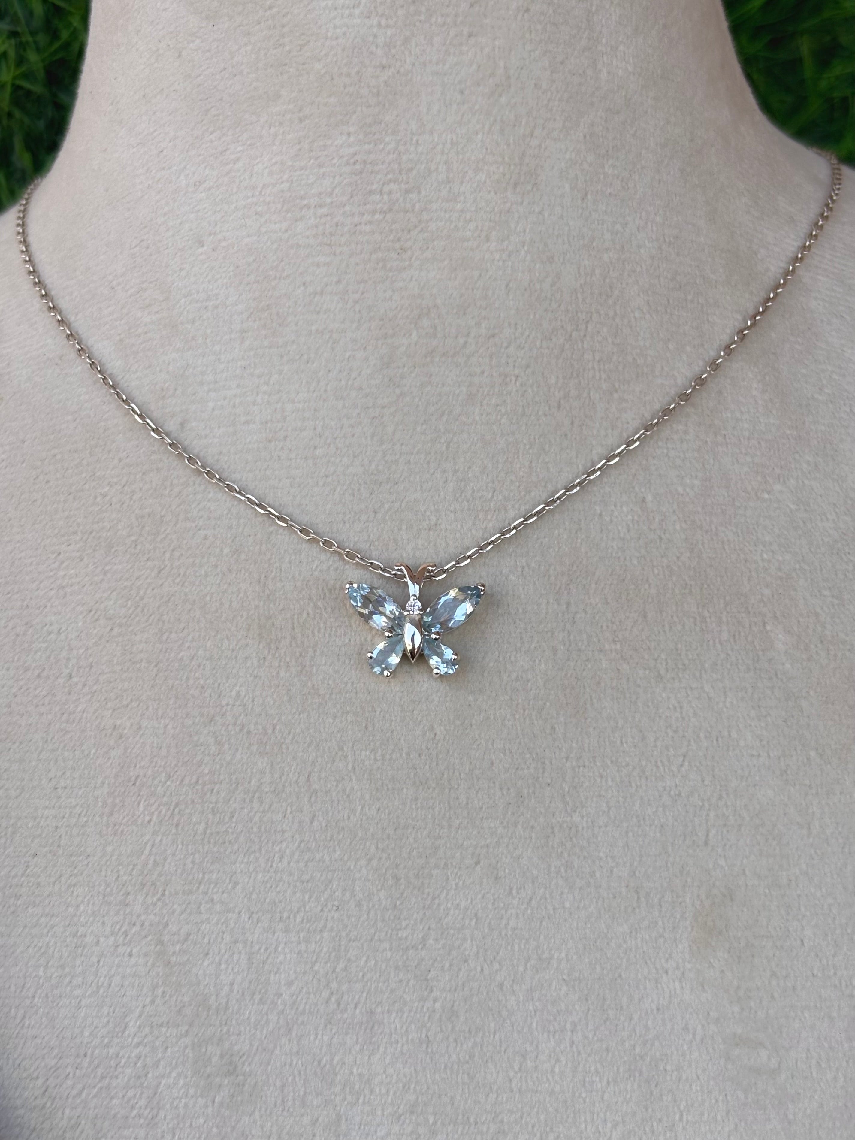 Aquamarine Butterfly Necklace in 92.5 Sterling Silver