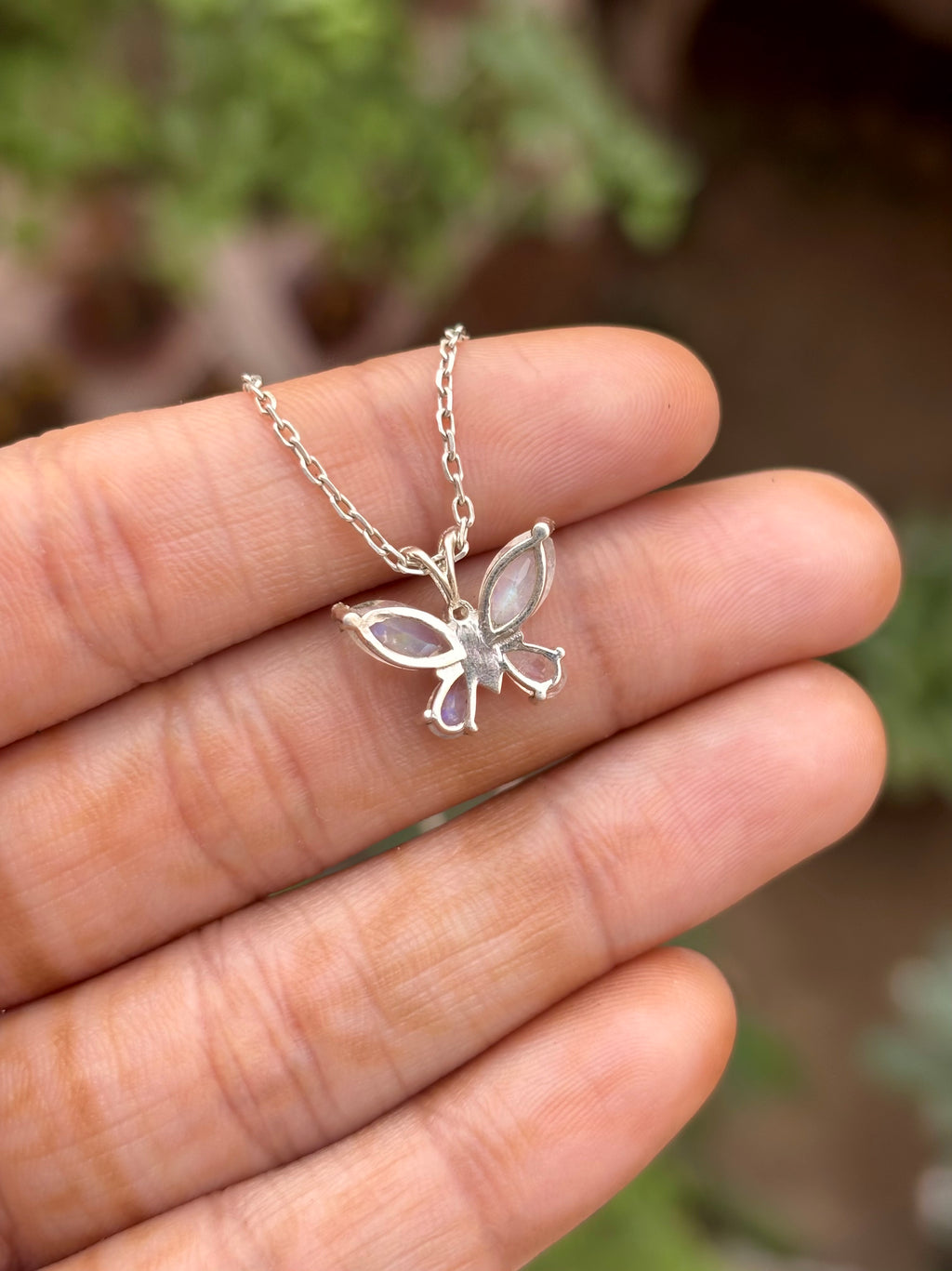 Rainbow Moonstone Butterfly Necklace in 92.5 Sterling Silver