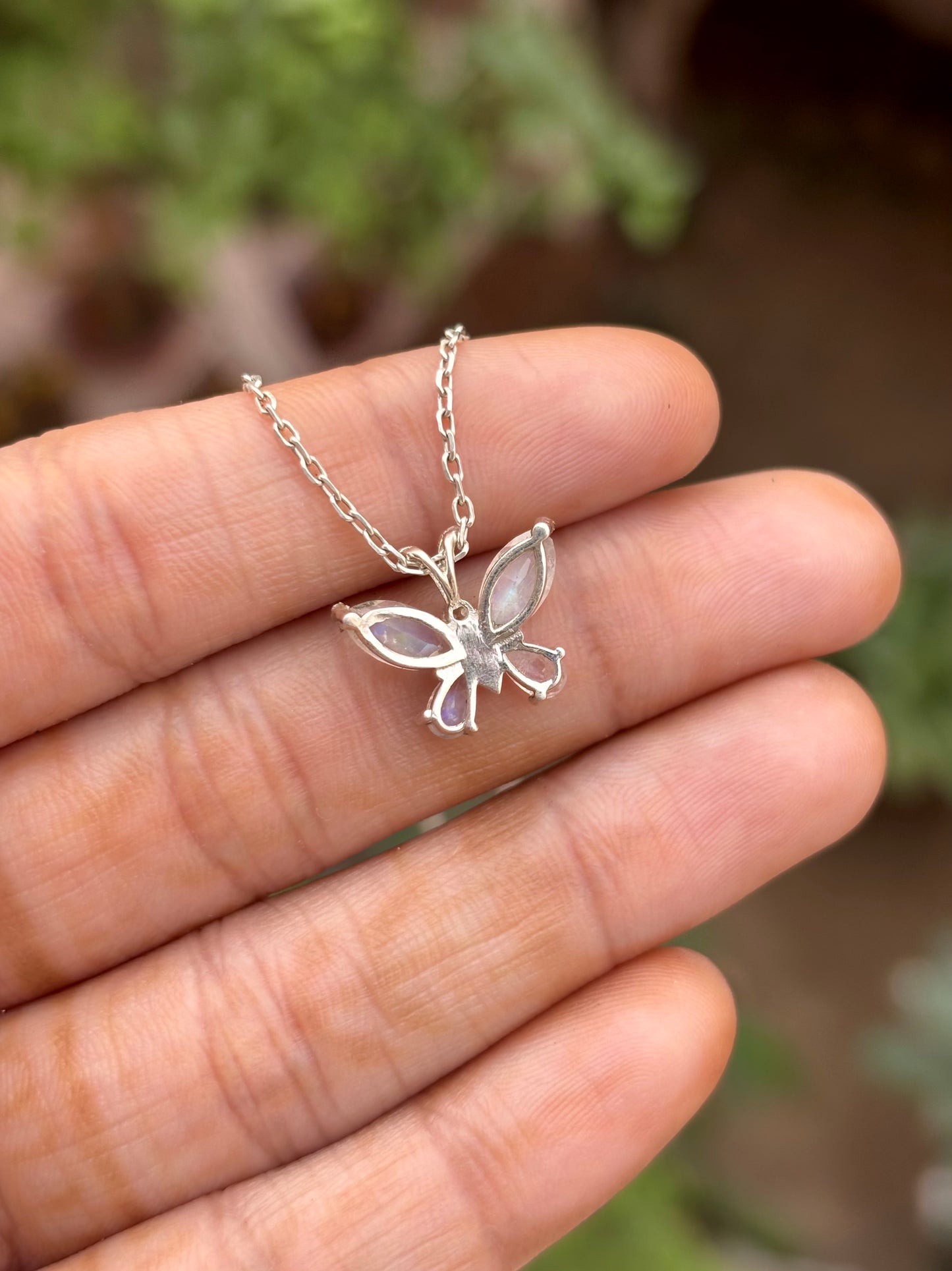 Rainbow Moonstone Butterfly Necklace in 92.5 Sterling Silver