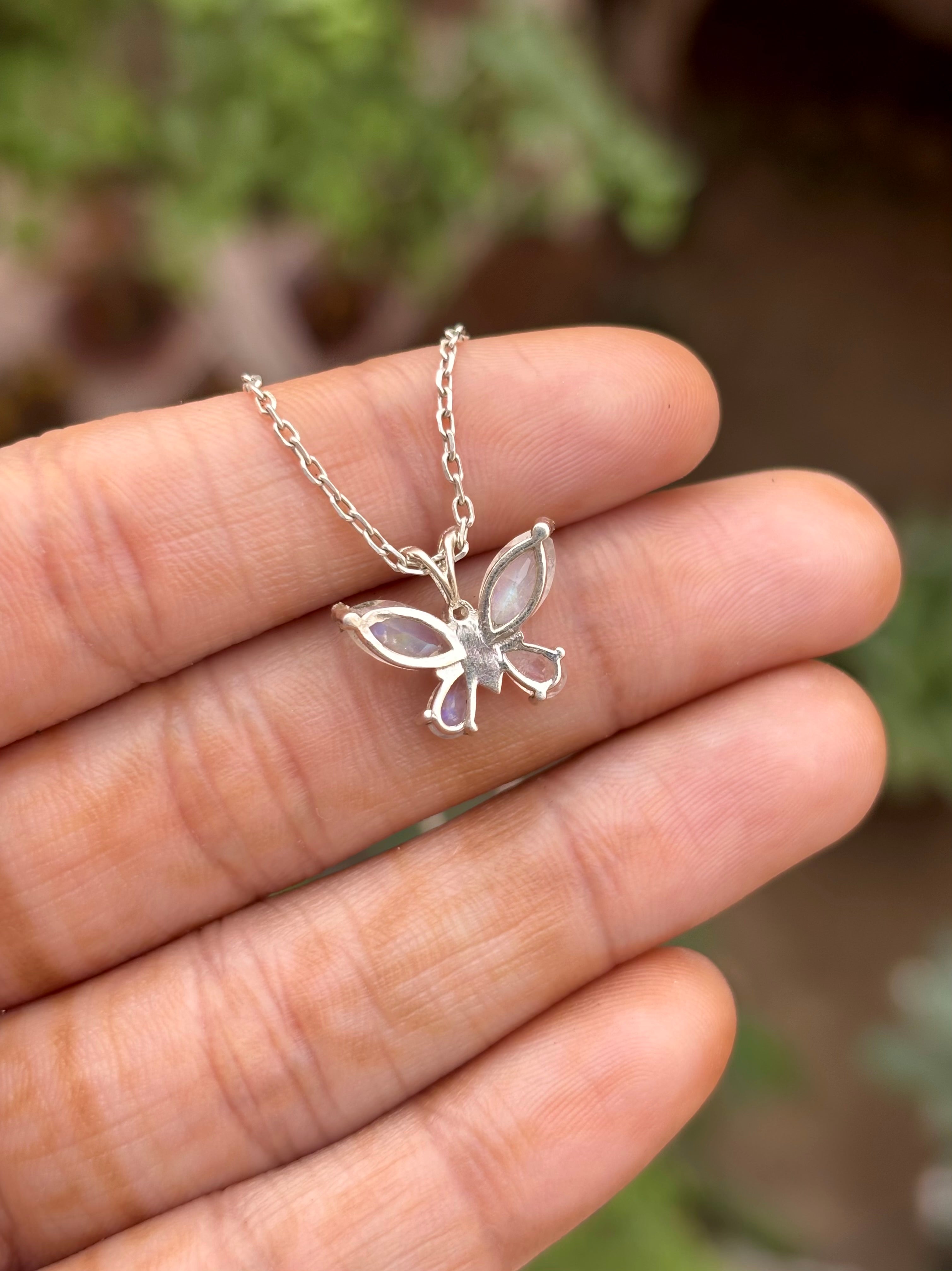 Rainbow Moonstone Butterfly Necklace in 92.5 Sterling Silver