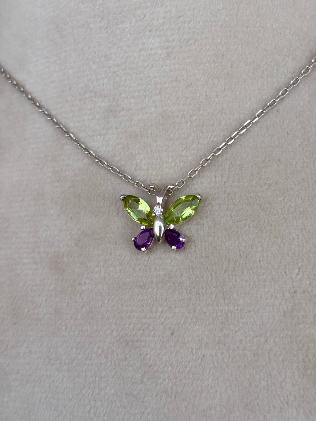 Peridot And Amethyst Butterfly Necklace in 92.5 Sterling Silver