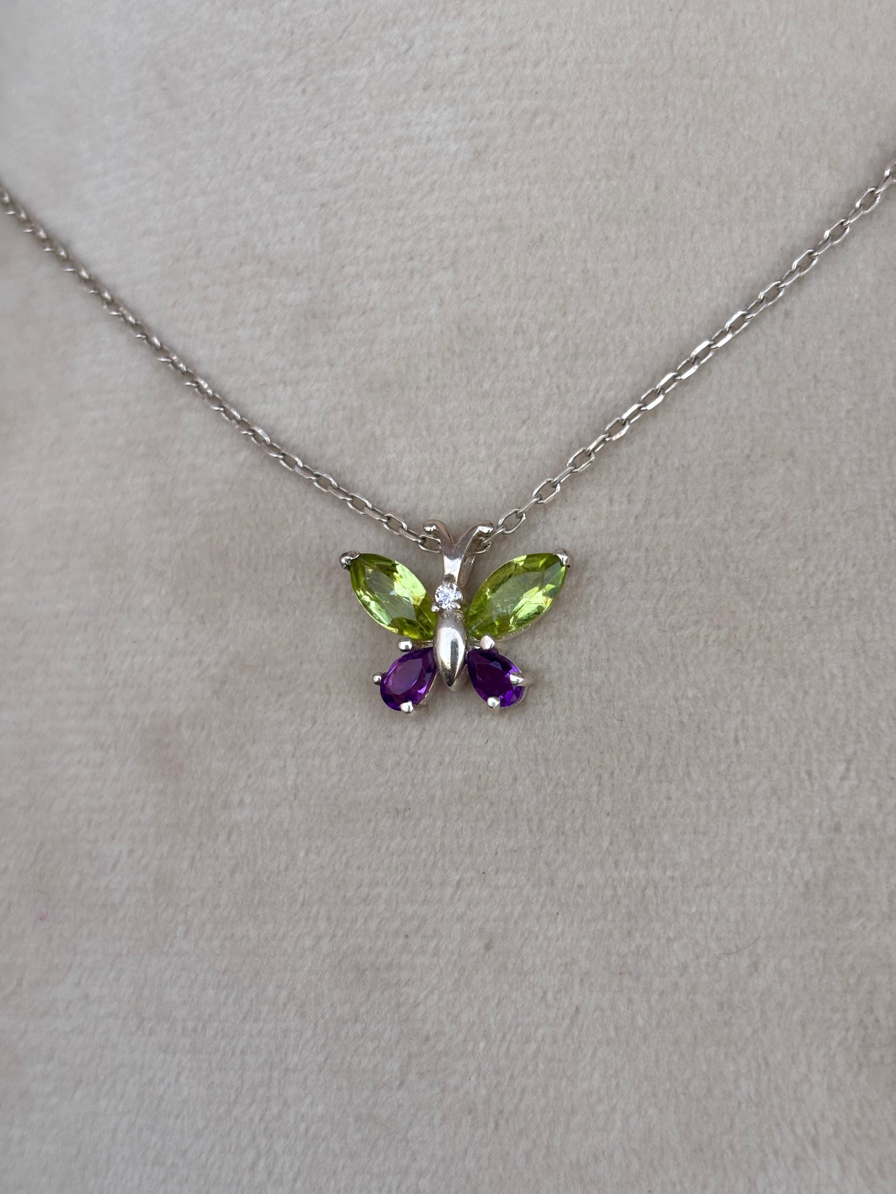 Peridot And Amethyst Butterfly Necklace in 92.5 Sterling Silver