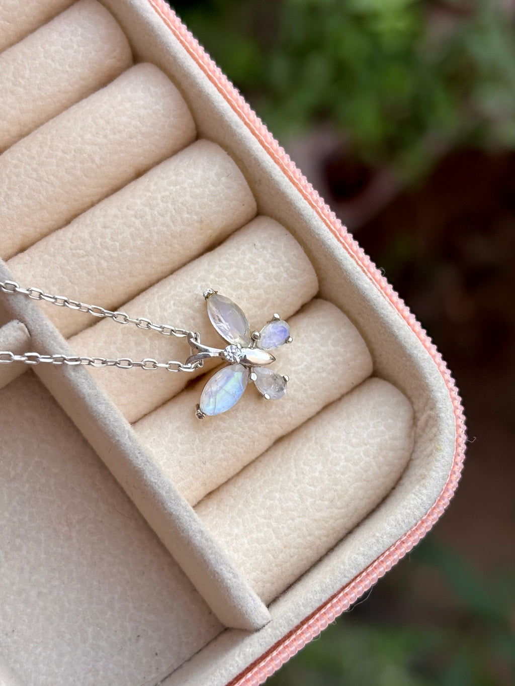 Rainbow Moonstone Butterfly Necklace in 92.5 Sterling Silver