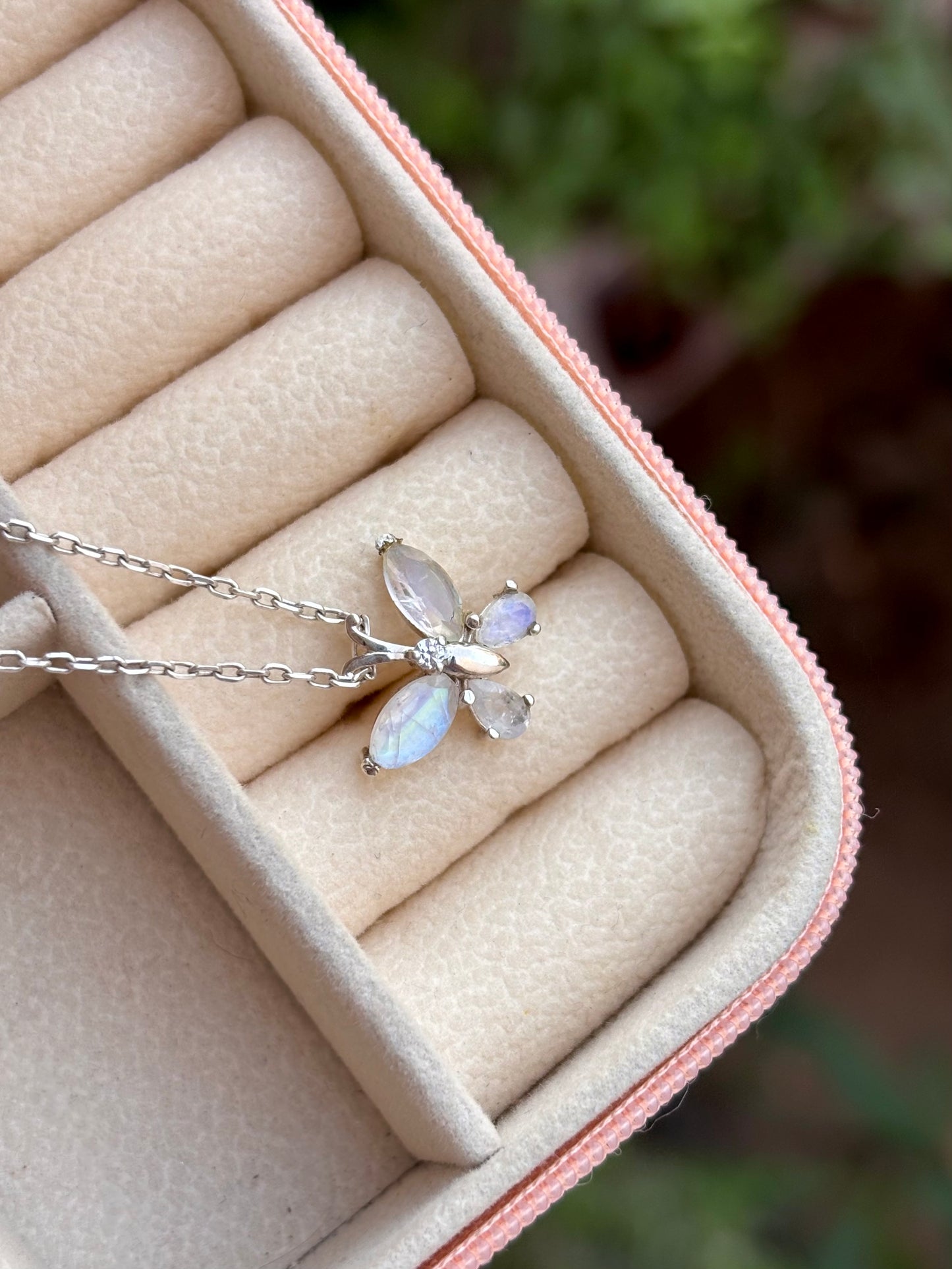 Rainbow Moonstone Butterfly Necklace in 92.5 Sterling Silver