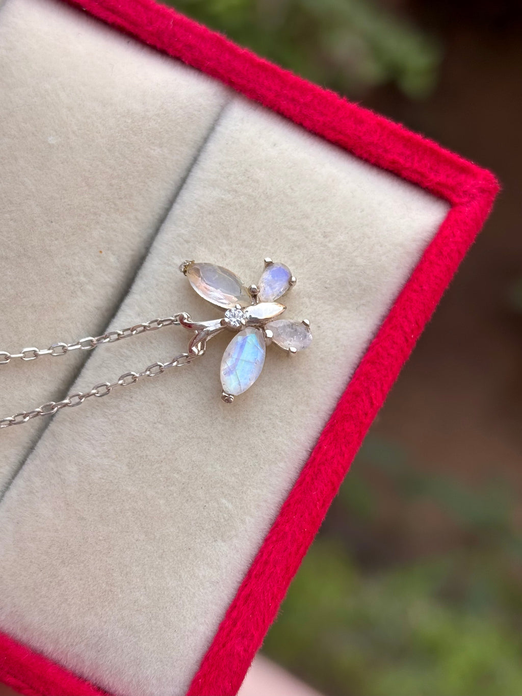 Rainbow Moonstone Butterfly Necklace in 92.5 Sterling Silver