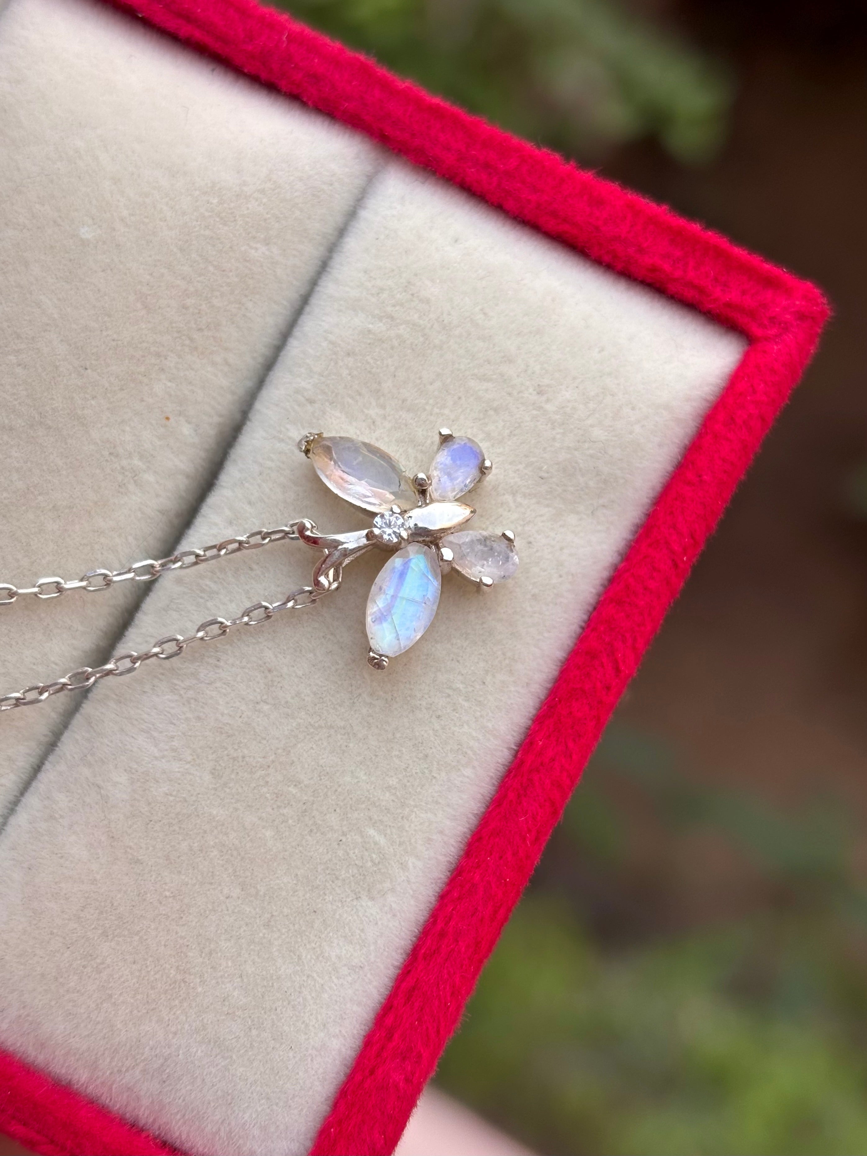 Rainbow Moonstone Butterfly Necklace in 92.5 Sterling Silver