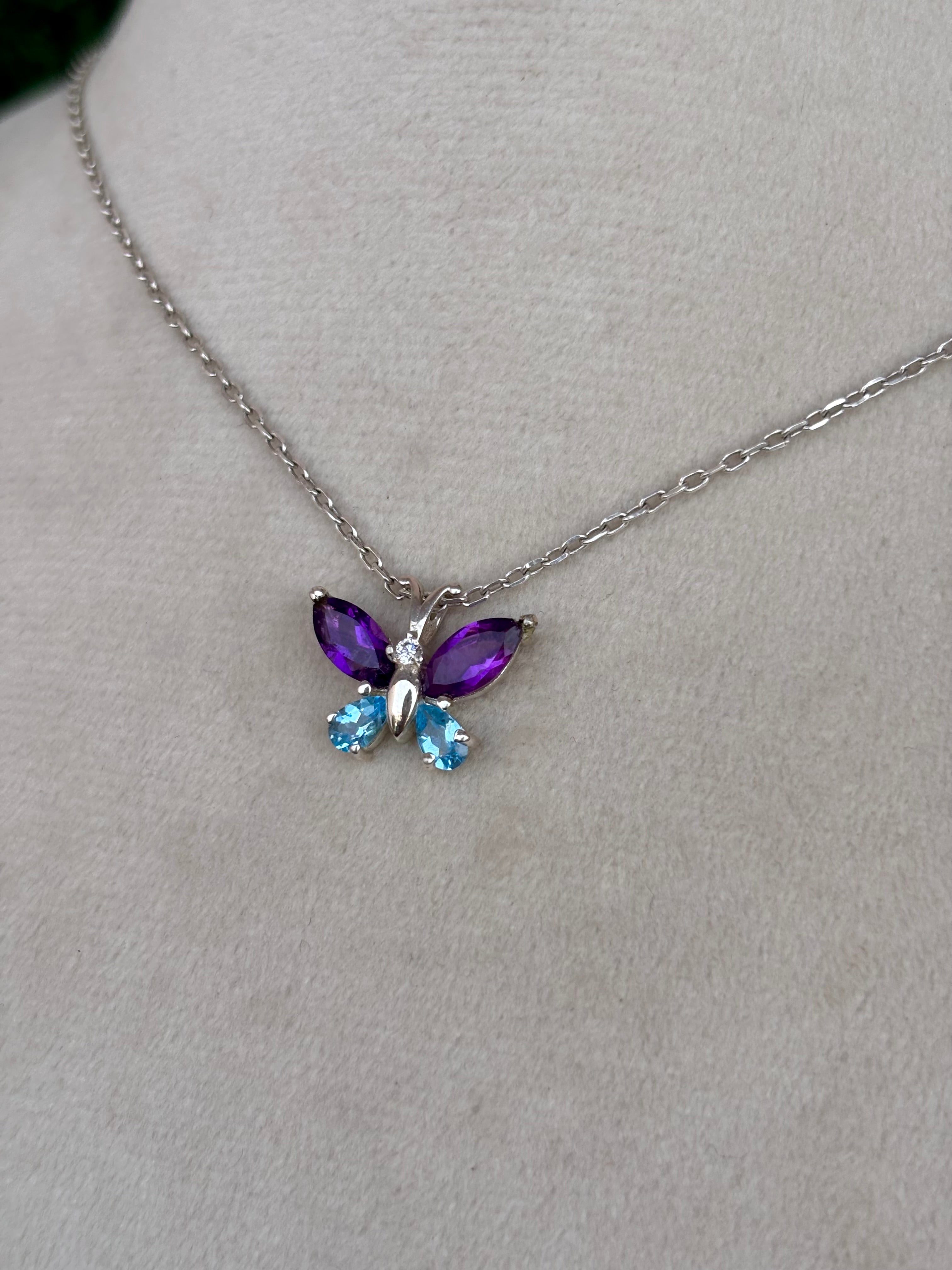 Blue Topaz And Amethyst Butterfly Necklace in 92.5 Sterling Silver