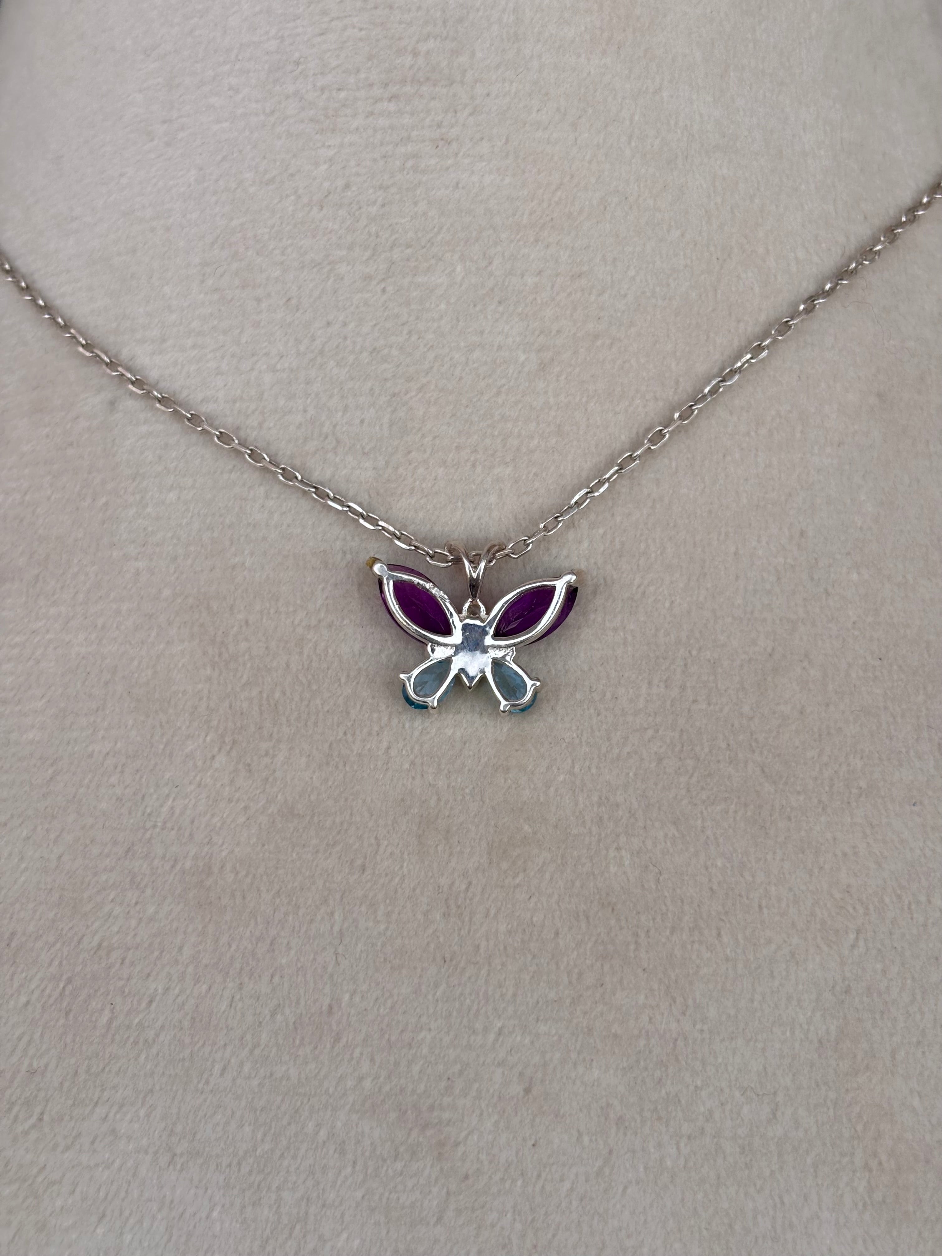Blue Topaz And Amethyst Butterfly Necklace in 92.5 Sterling Silver