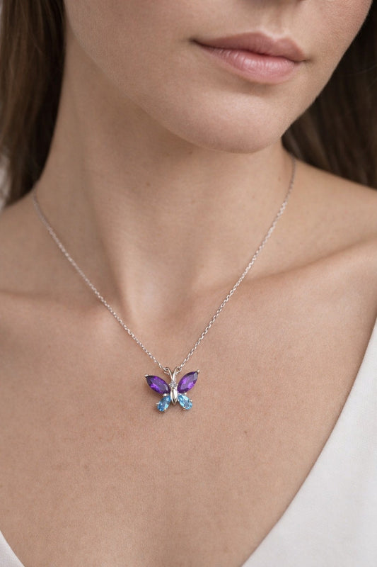 Blue Topaz And Amethyst Butterfly Necklace in 92.5 Sterling Silver