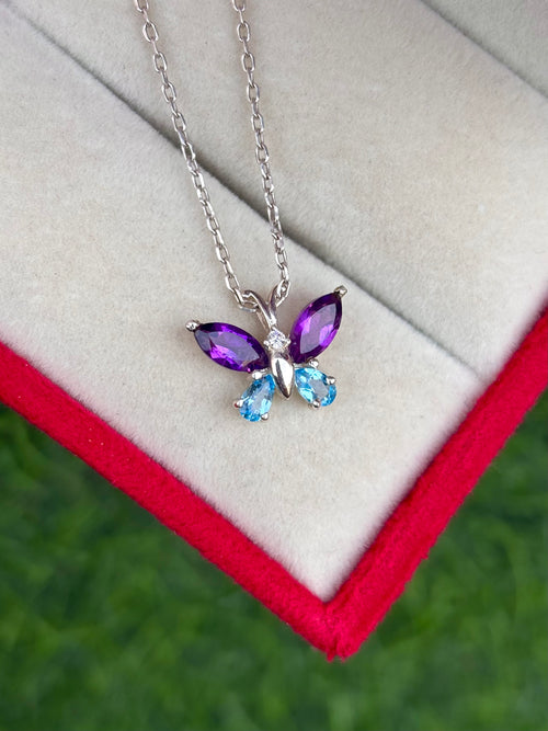 Blue Topaz And Amethyst Butterfly Necklace in 92.5 Sterling Silver