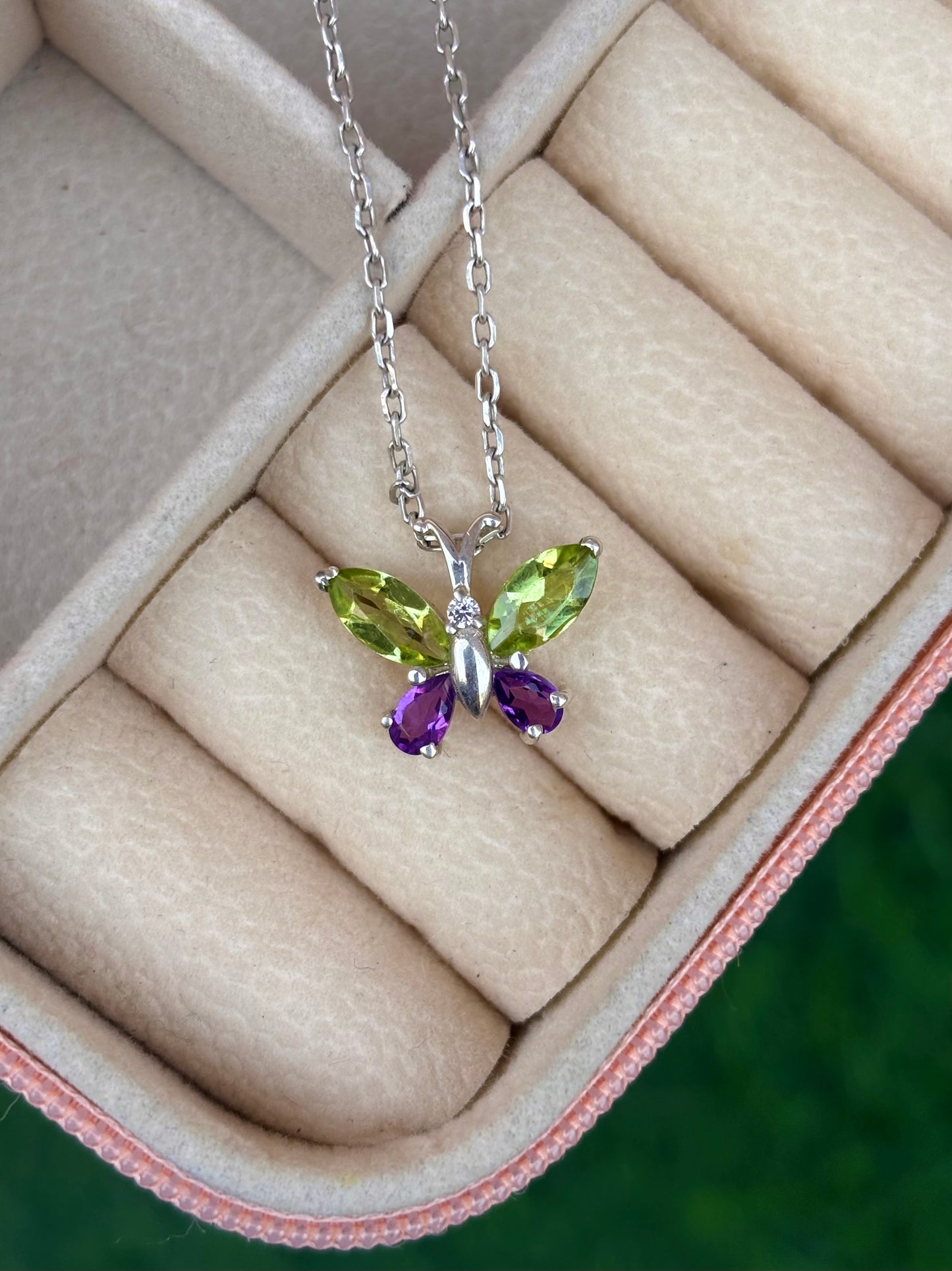 Peridot And Amethyst Butterfly Necklace in 92.5 Sterling Silver