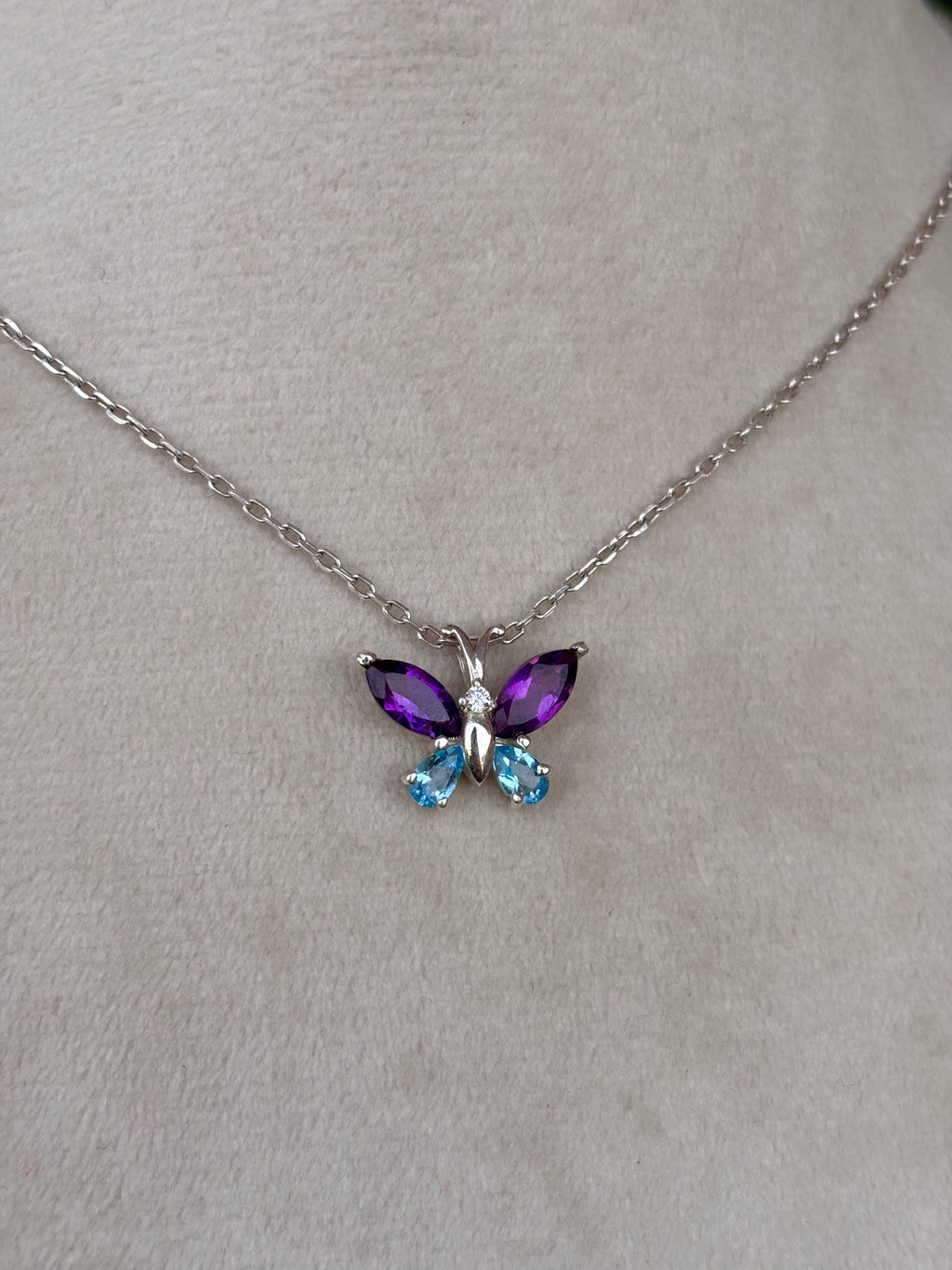 Blue Topaz And Amethyst Butterfly Necklace in 92.5 Sterling Silver