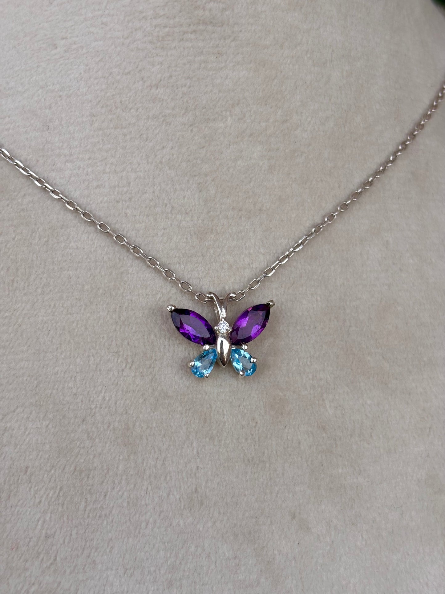 Blue Topaz And Amethyst Butterfly Necklace in 92.5 Sterling Silver