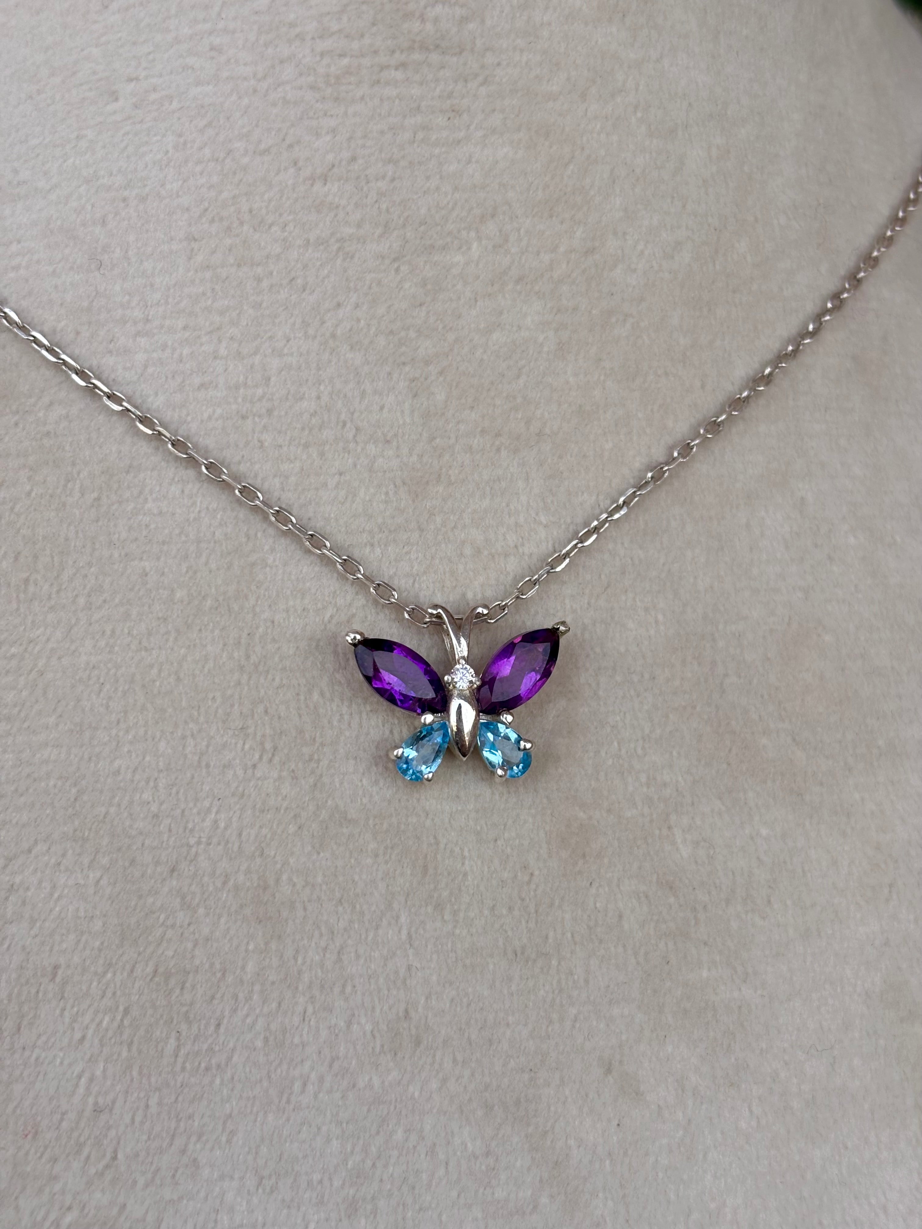 Blue Topaz And Amethyst Butterfly Necklace in 92.5 Sterling Silver