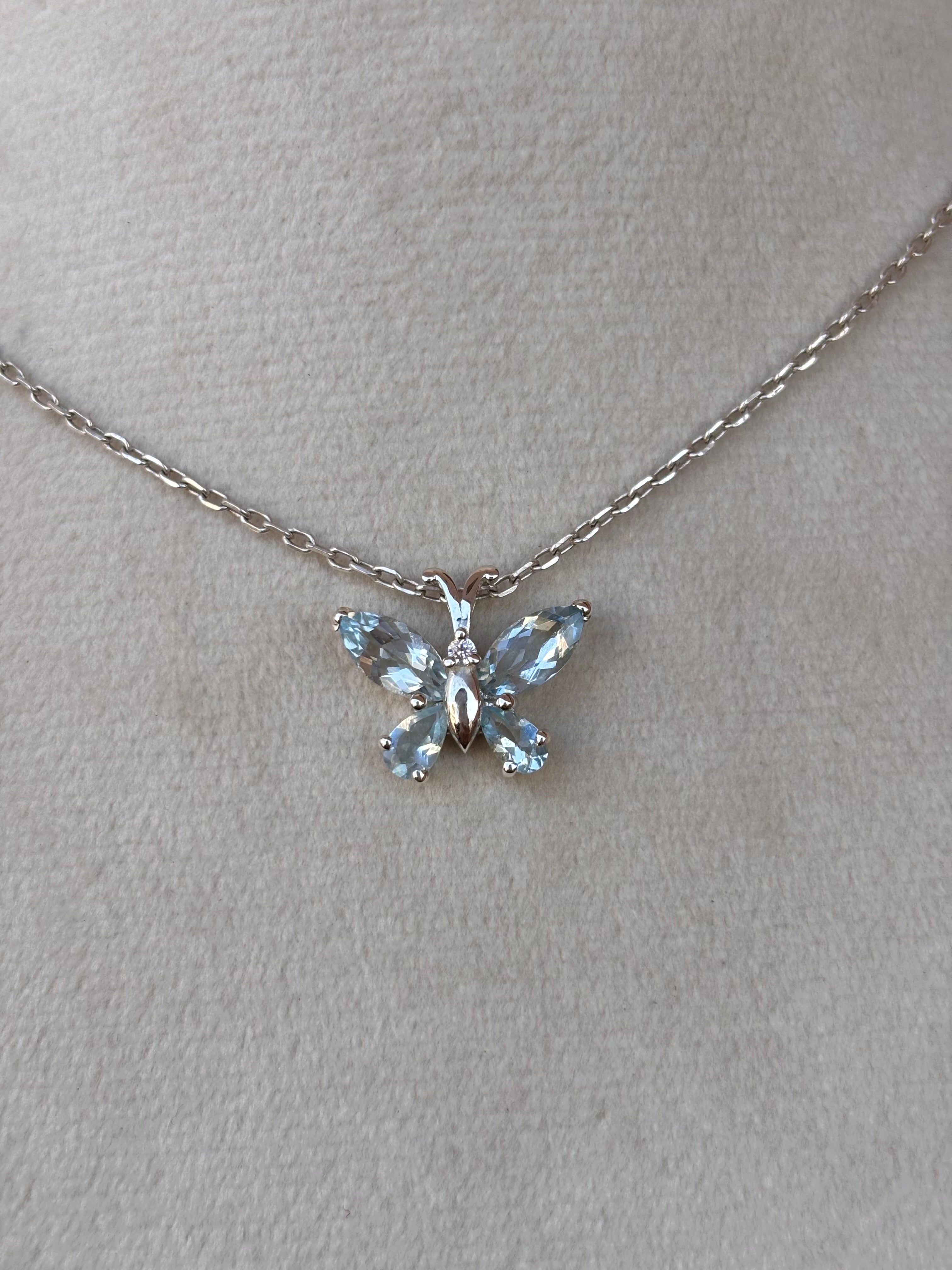 Aquamarine Butterfly Necklace in 92.5 Sterling Silver