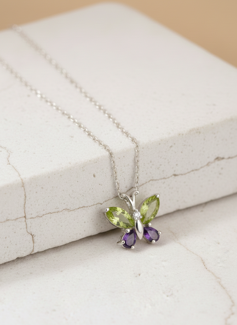 Peridot And Amethyst Butterfly Necklace in 92.5 Sterling Silver