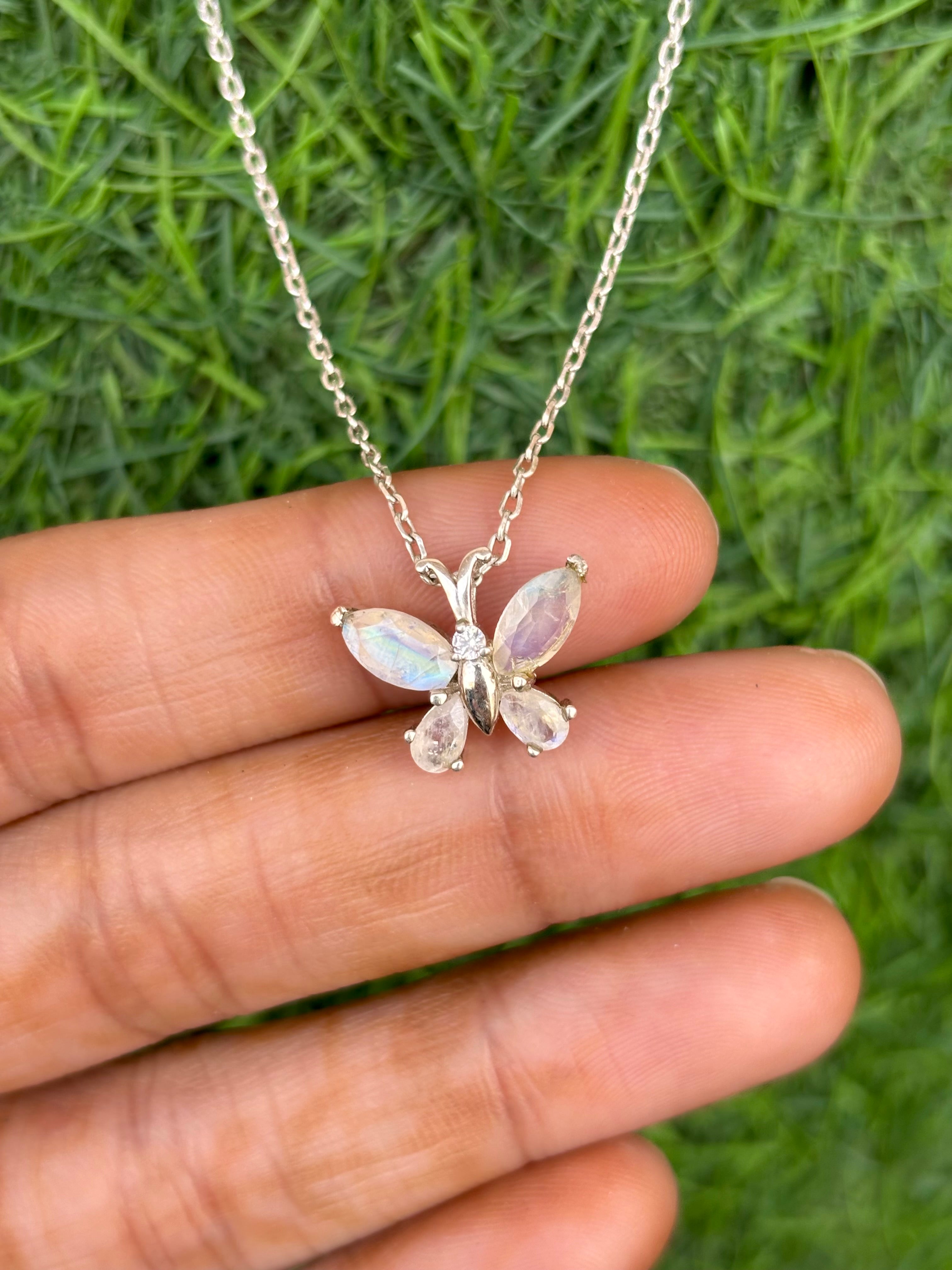 Rainbow Moonstone Butterfly Necklace in 92.5 Sterling Silver