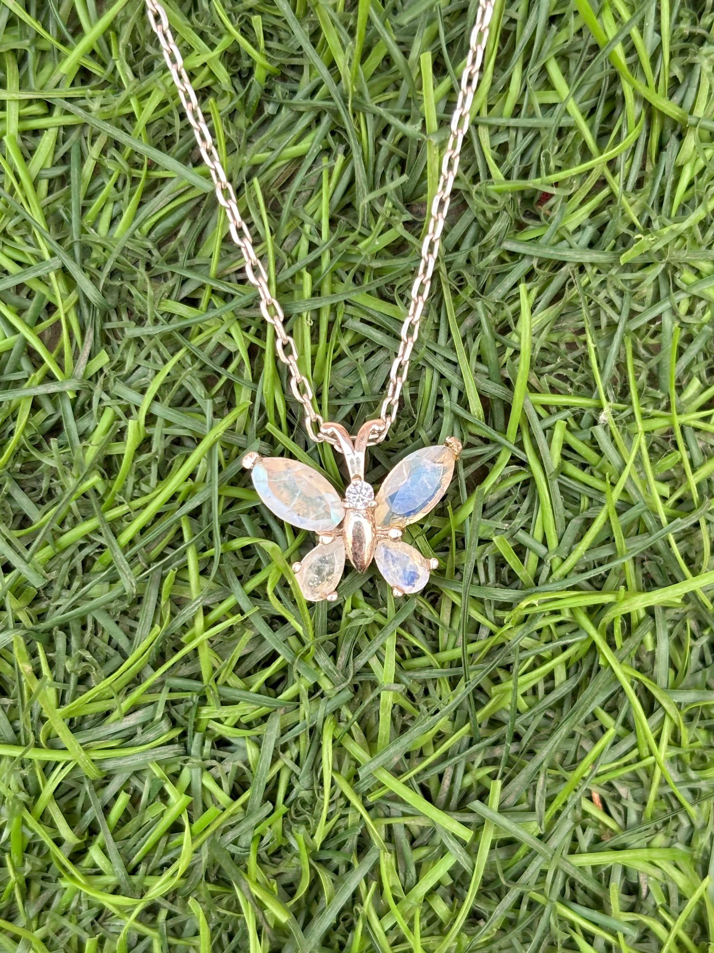 Rainbow Moonstone Butterfly Necklace in 92.5 Sterling Silver