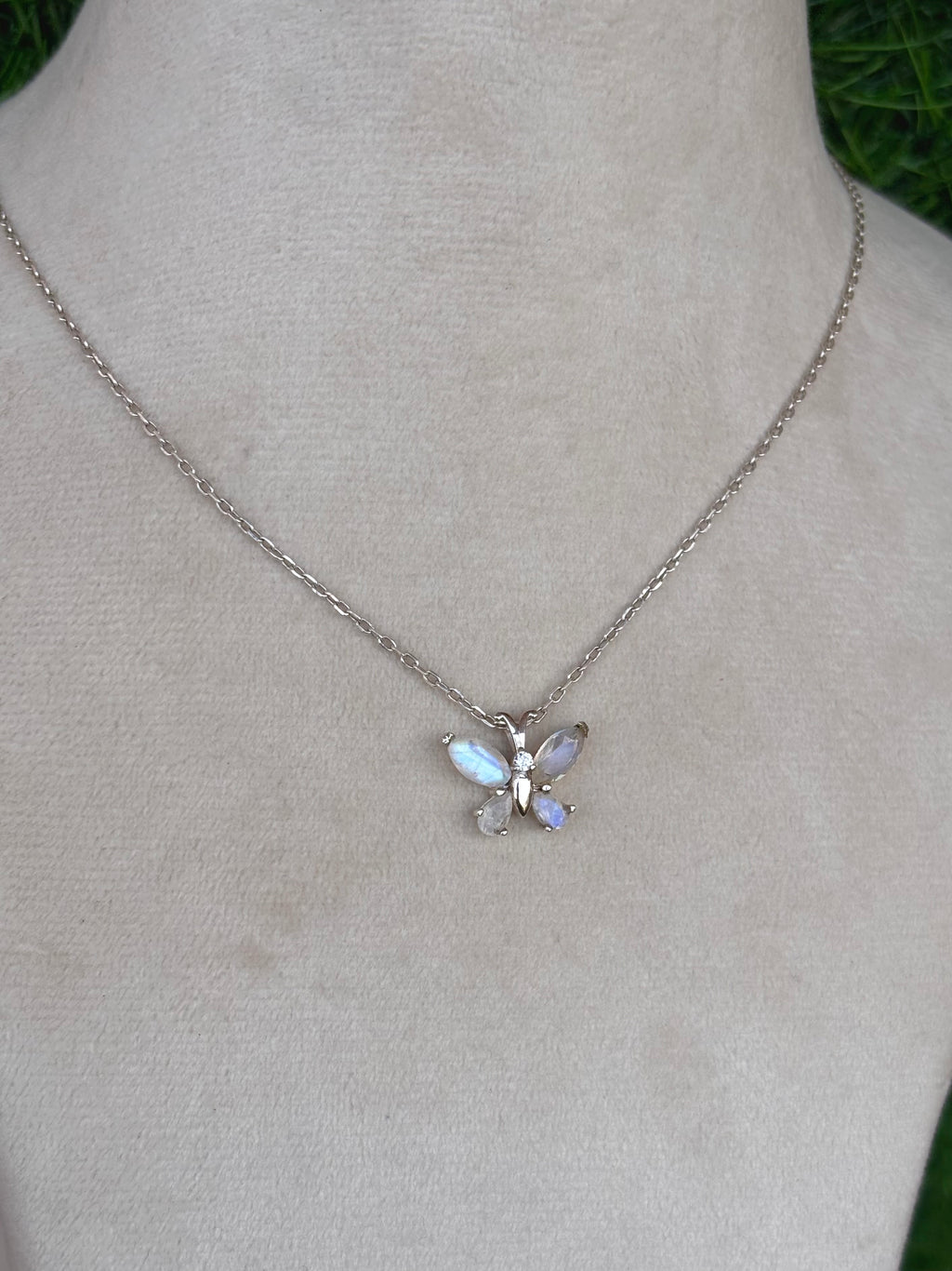 Rainbow Moonstone Butterfly Necklace in 92.5 Sterling Silver