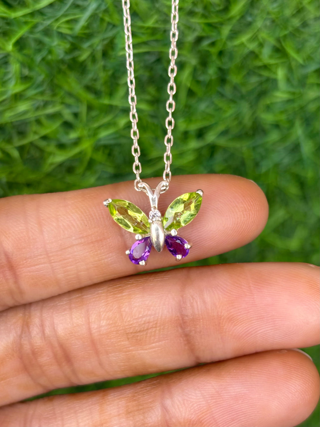 Peridot And Amethyst Butterfly Necklace in 92.5 Sterling Silver