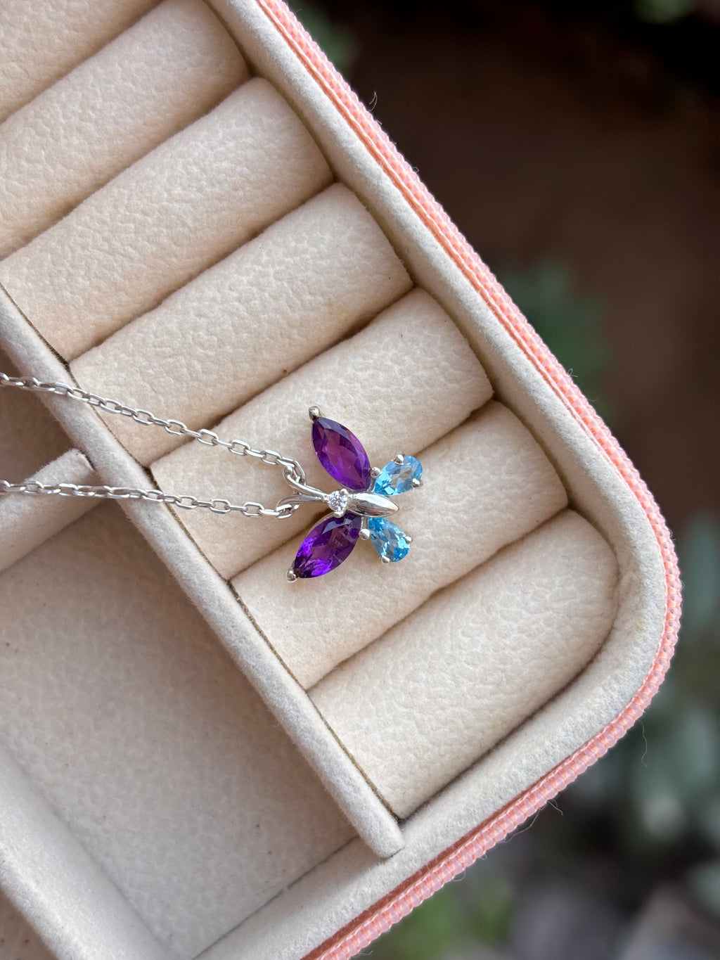 Blue Topaz And Amethyst Butterfly Necklace in 92.5 Sterling Silver