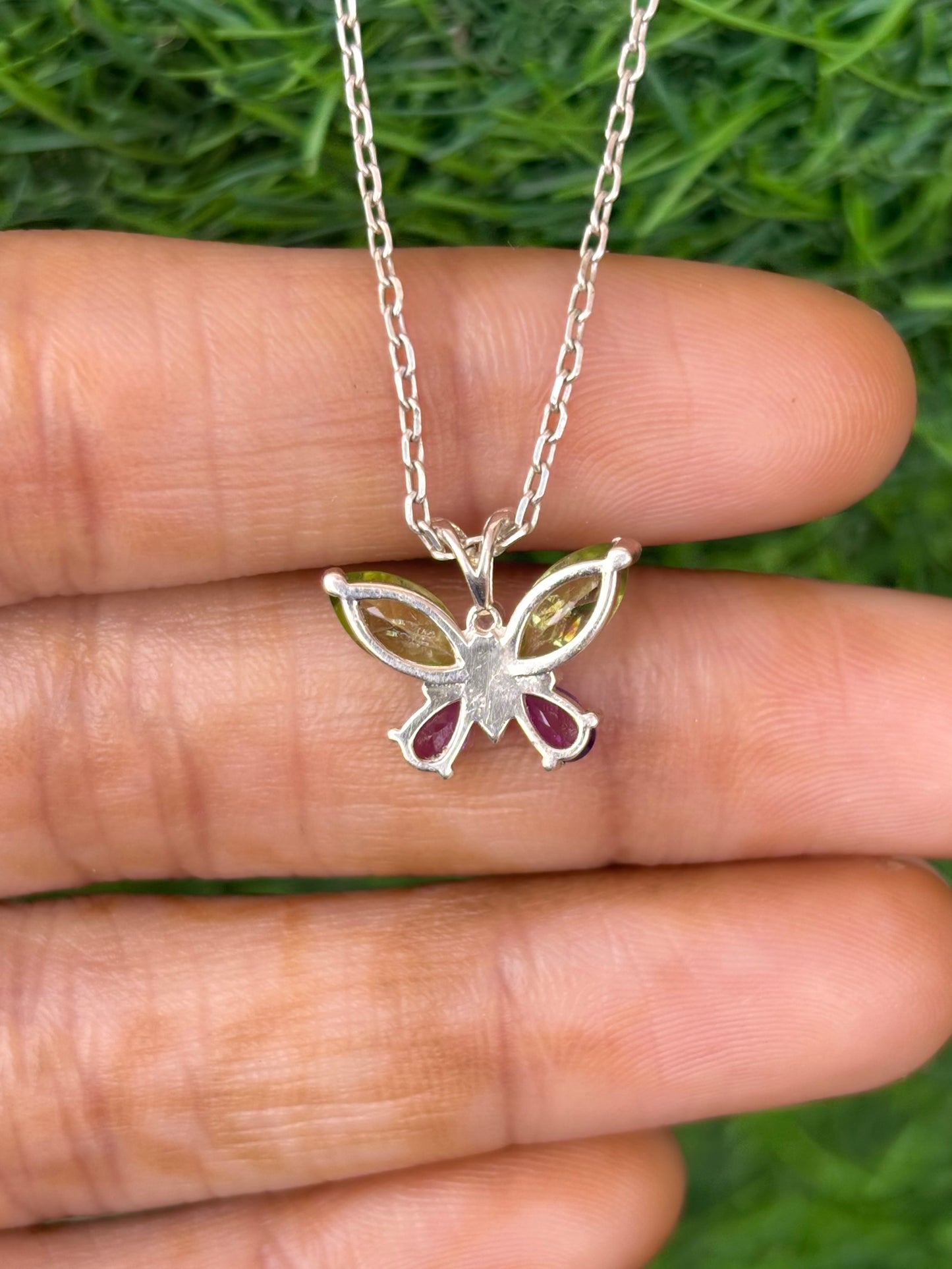 Peridot And Amethyst Butterfly Necklace in 92.5 Sterling Silver