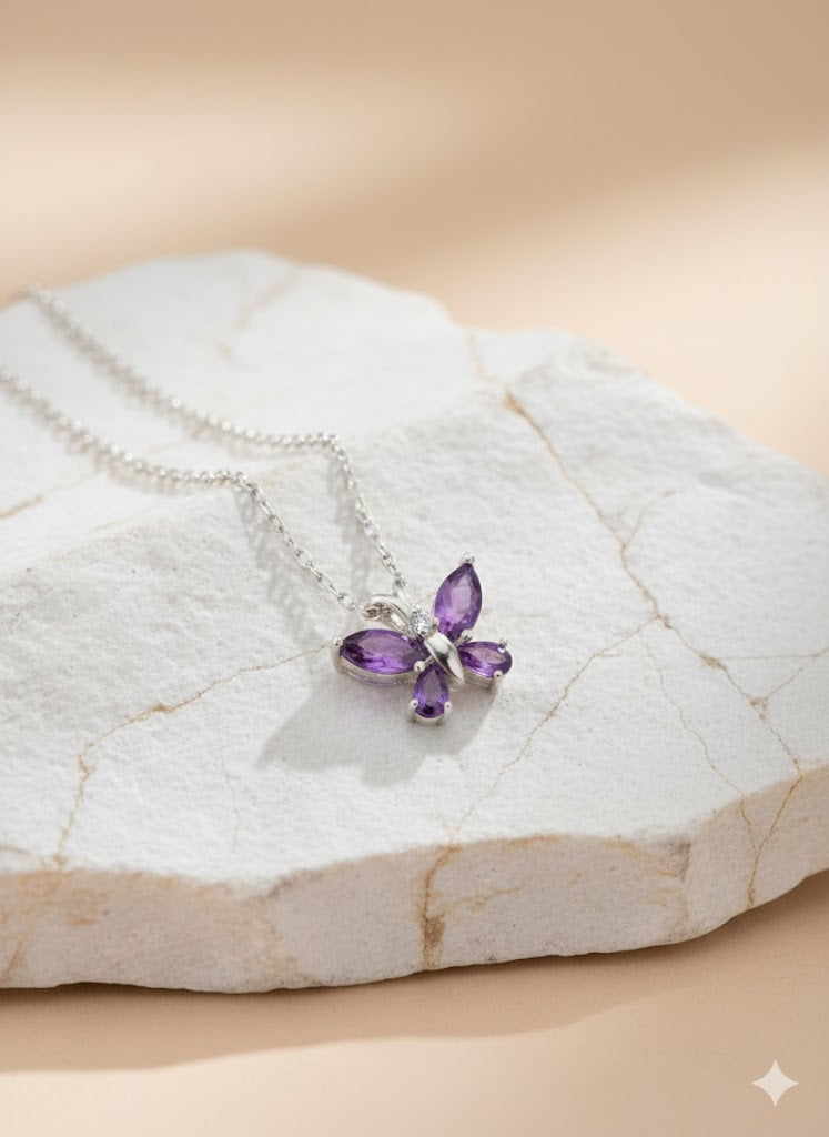 Amethyst Butterfly Necklace in 92.5 Sterling Silver