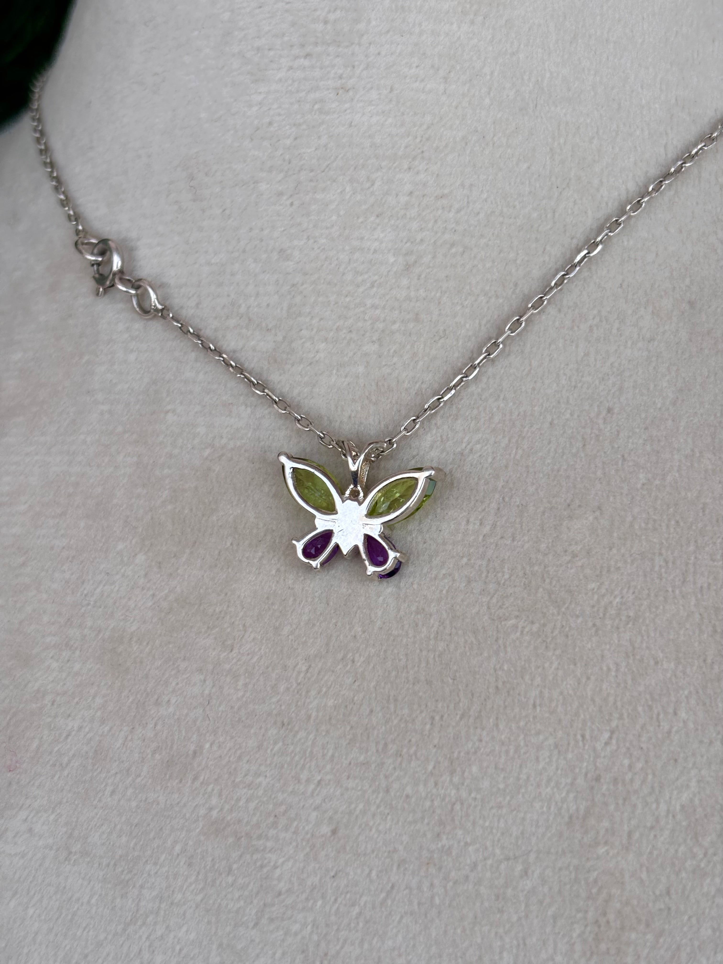 Peridot And Amethyst Butterfly Necklace in 92.5 Sterling Silver