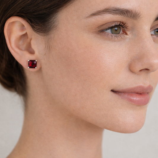 Square Garnet Stud Earrings