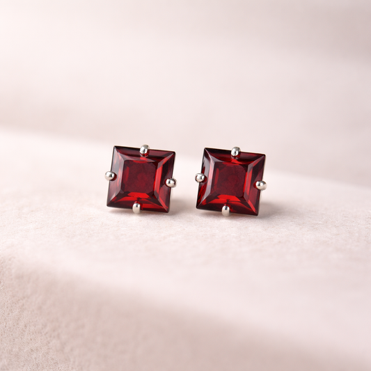 Square Garnet Stud Earrings