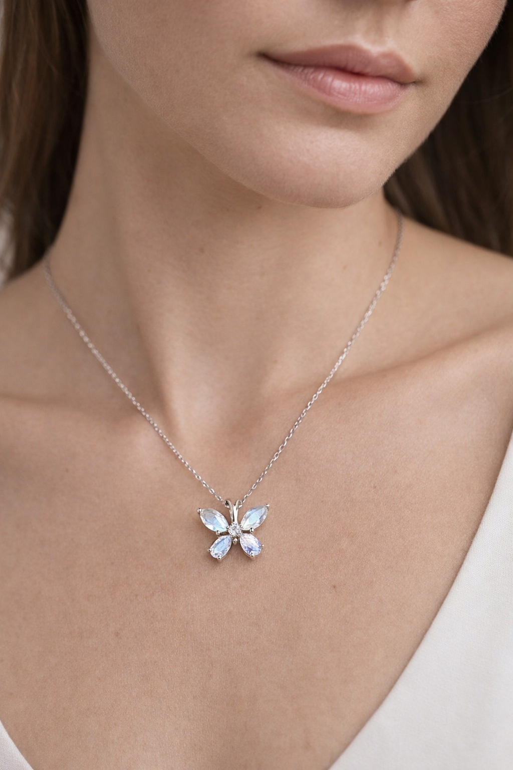 Rainbow Moonstone Butterfly Necklace in 92.5 Sterling Silver