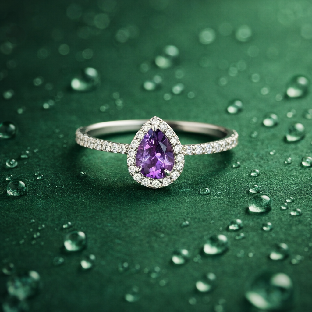 Pear Shape Amethyst Halo Ring in 92.5 Sterling Silver