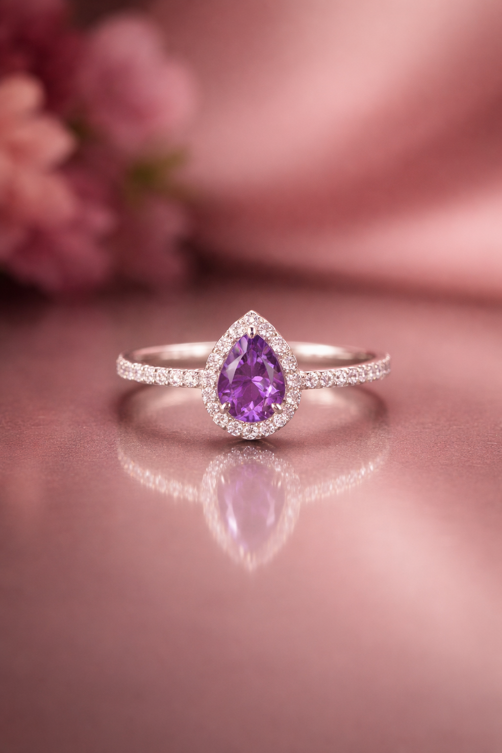Pear Shape Amethyst Halo Ring in 92.5 Sterling Silver