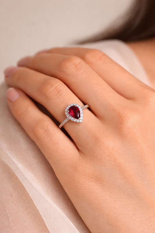 Pear-Cut Garnet Halo Ring in 92.5 Sterling Silver