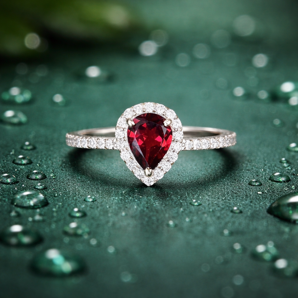 Pear-Cut Garnet Halo Ring in 92.5 Sterling Silver