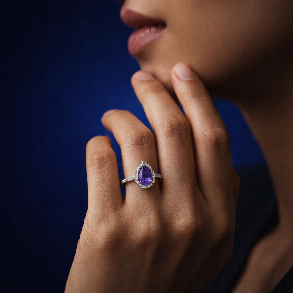 Pear Shape Amethyst Halo Ring in 92.5 Sterling Silver