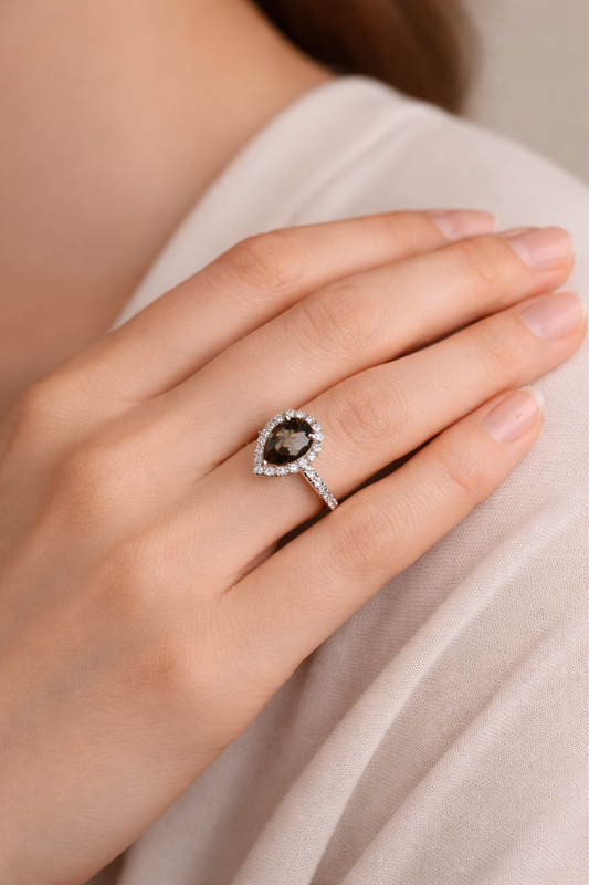 Smoky Quartz Pear Halo Ring in 92.5 Sterling Silver