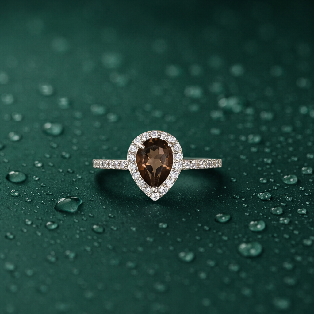 Smoky Quartz Pear Halo Ring in 92.5 Sterling Silver