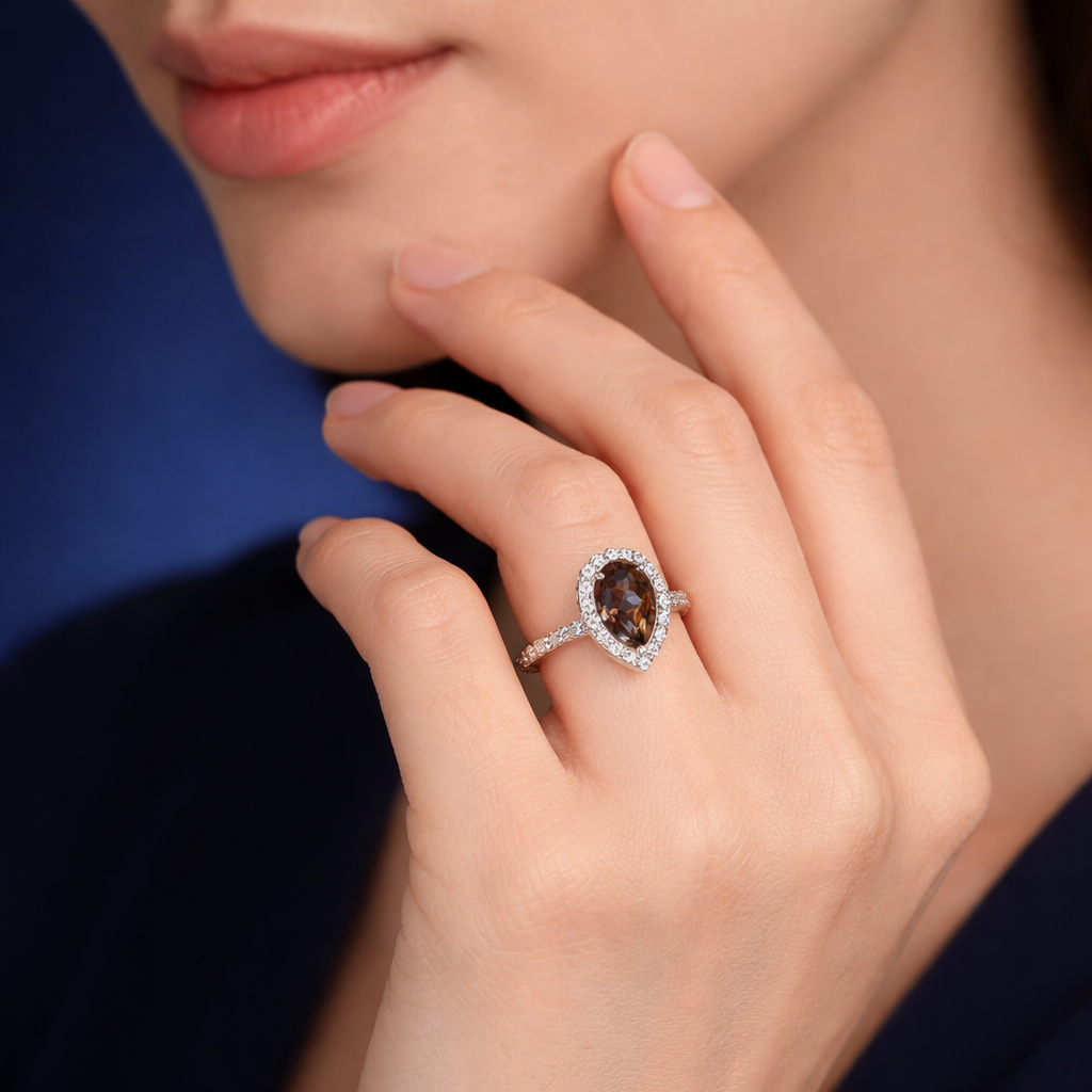 Smoky Quartz Pear Halo Ring in 92.5 Sterling Silver