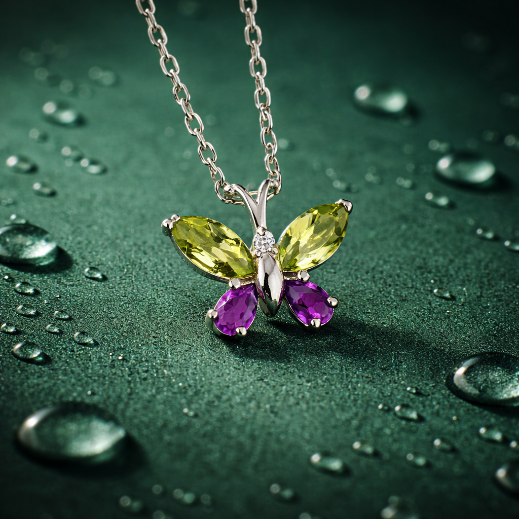 Peridot And Amethyst Butterfly Necklace in 92.5 Sterling Silver