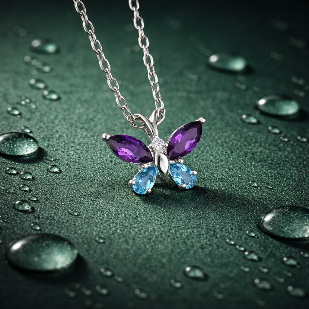 Blue Topaz And Amethyst Butterfly Necklace in 92.5 Sterling Silver