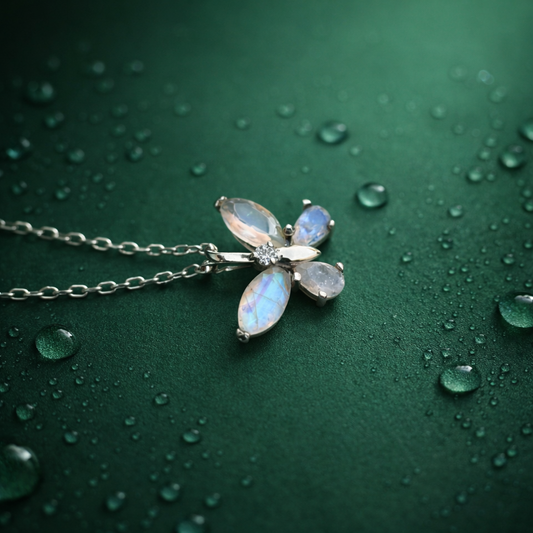 Rainbow Moonstone Butterfly Necklace in 92.5 Sterling Silver