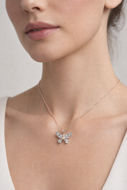 Aquamarine Butterfly Necklace in 92.5 Sterling Silver