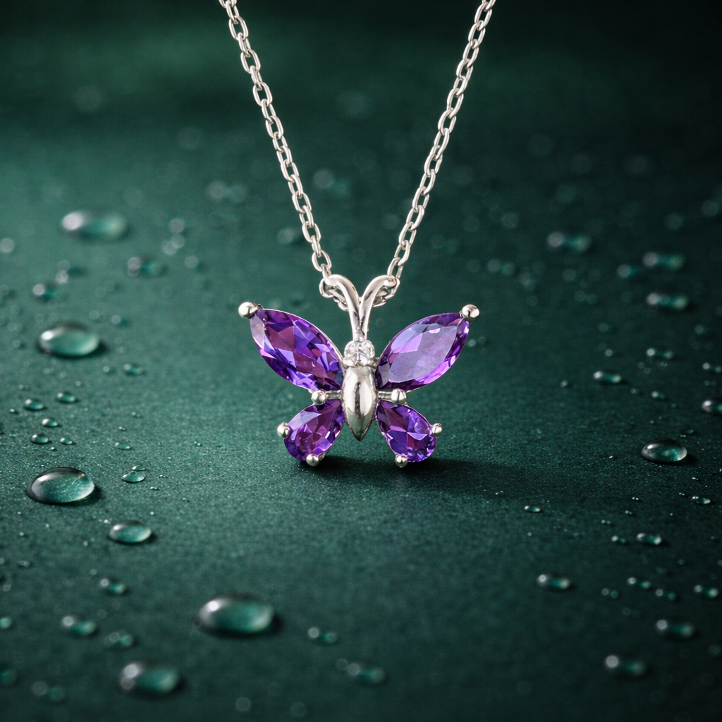 Amethyst Butterfly Necklace in 92.5 Sterling Silver